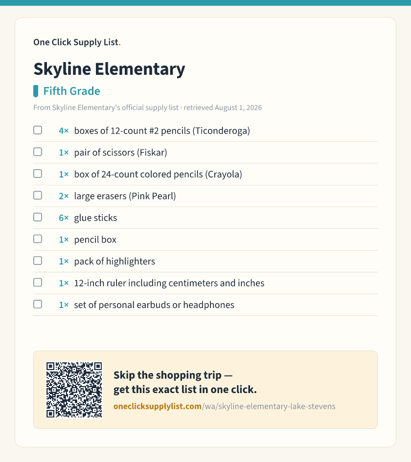 Skyline Elementary Fifth Grade supply list — printable image