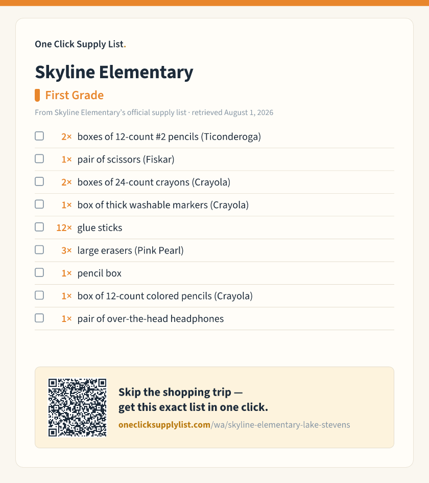 Skyline Elementary First Grade supply list — printable image