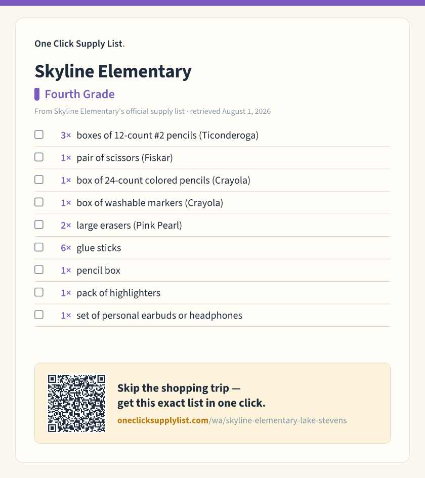 Skyline Elementary Fourth Grade supply list — printable image