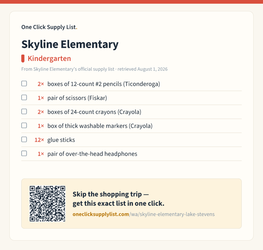 Skyline Elementary Kindergarten supply list — printable image