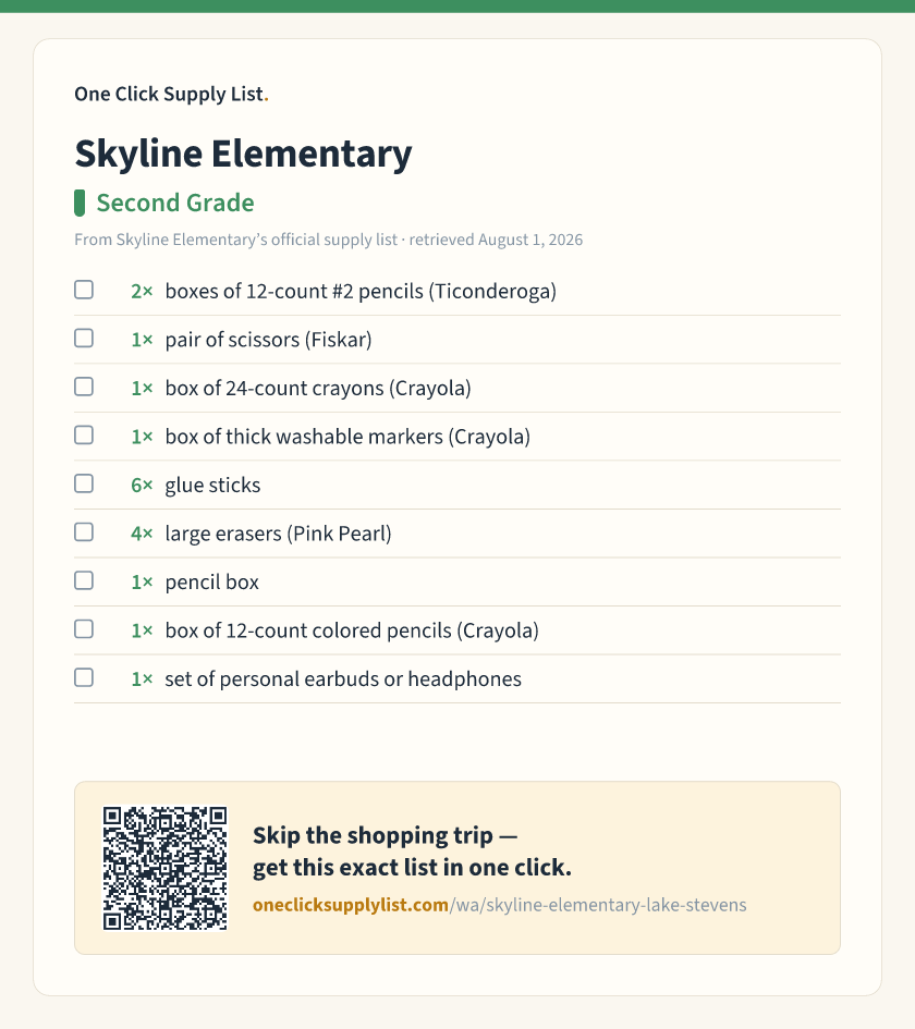 Skyline Elementary Second Grade supply list — printable image