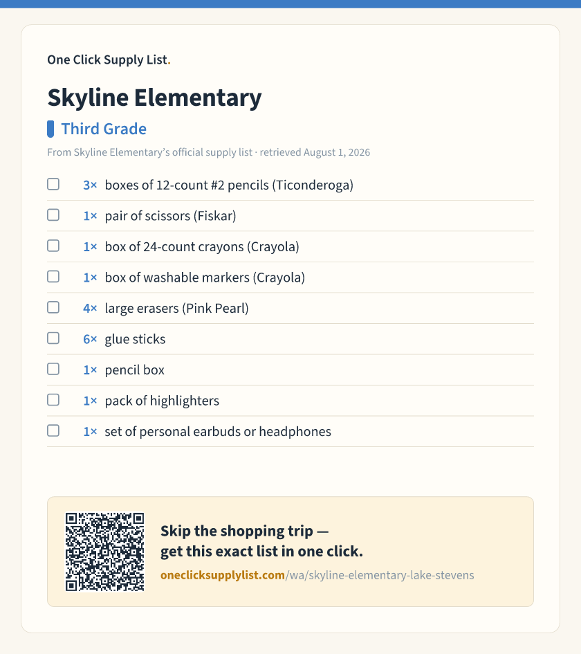 Skyline Elementary Third Grade supply list — printable image