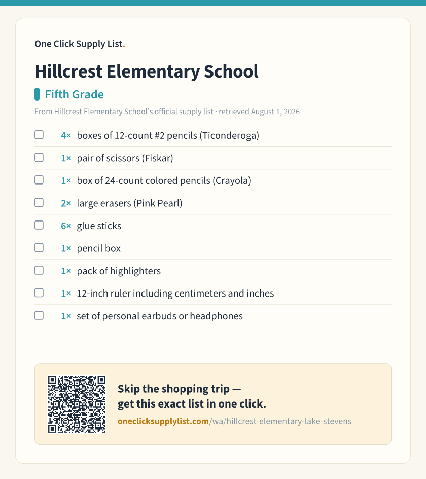 Hillcrest Elementary School Fifth Grade supply list — printable image