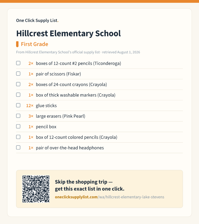 Hillcrest Elementary School First Grade supply list — printable image