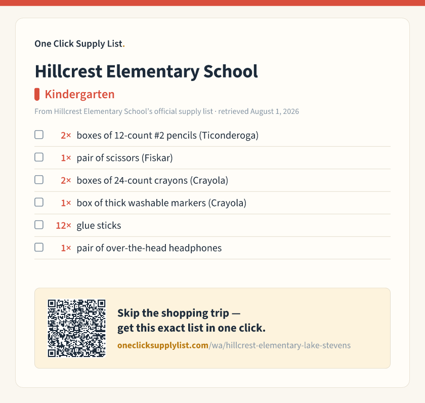 Hillcrest Elementary School Kindergarten supply list — printable image