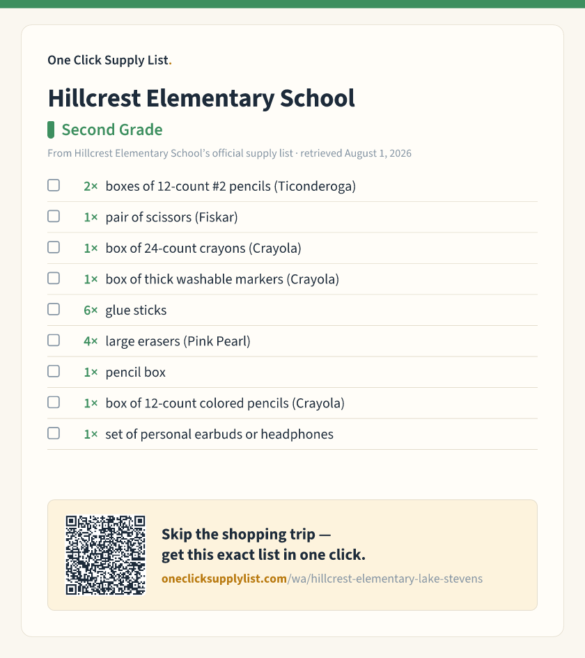 Hillcrest Elementary School Second Grade supply list — printable image