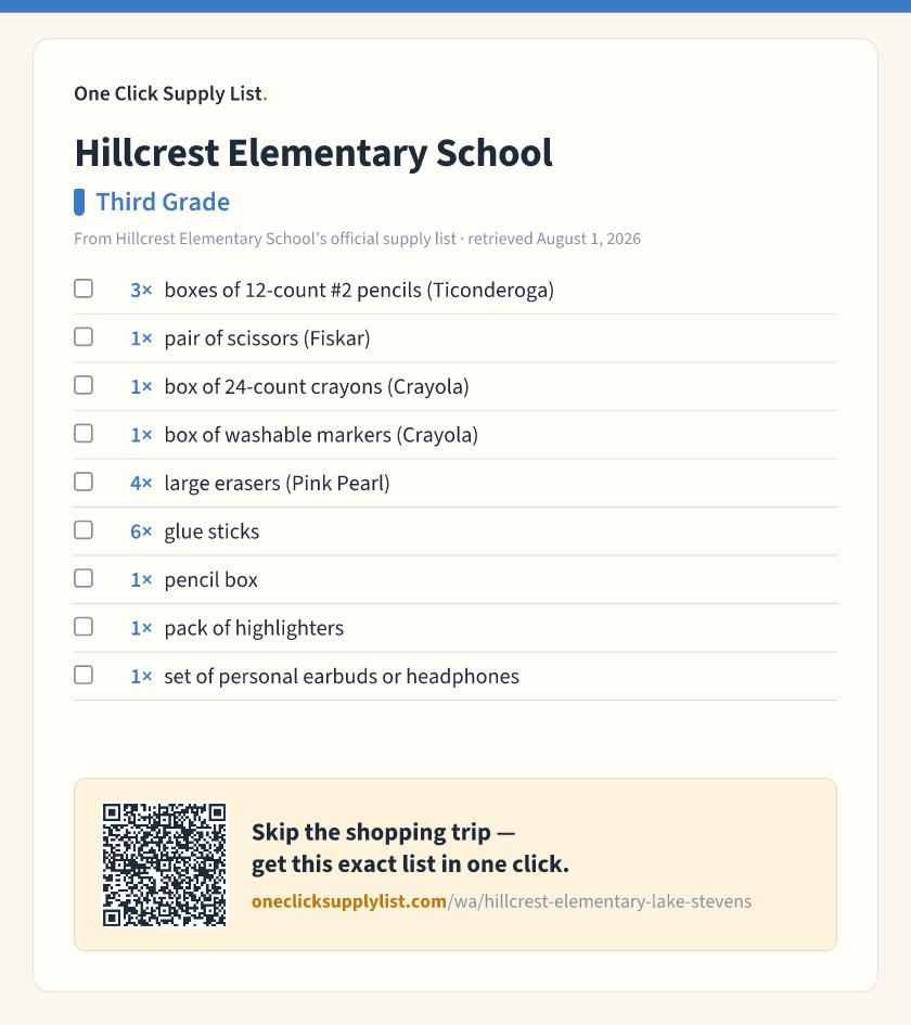 Hillcrest Elementary School Third Grade supply list — printable image