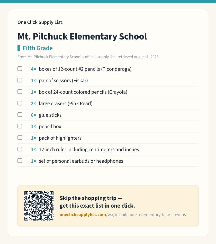 Mt. Pilchuck Elementary School Fifth Grade supply list — printable image