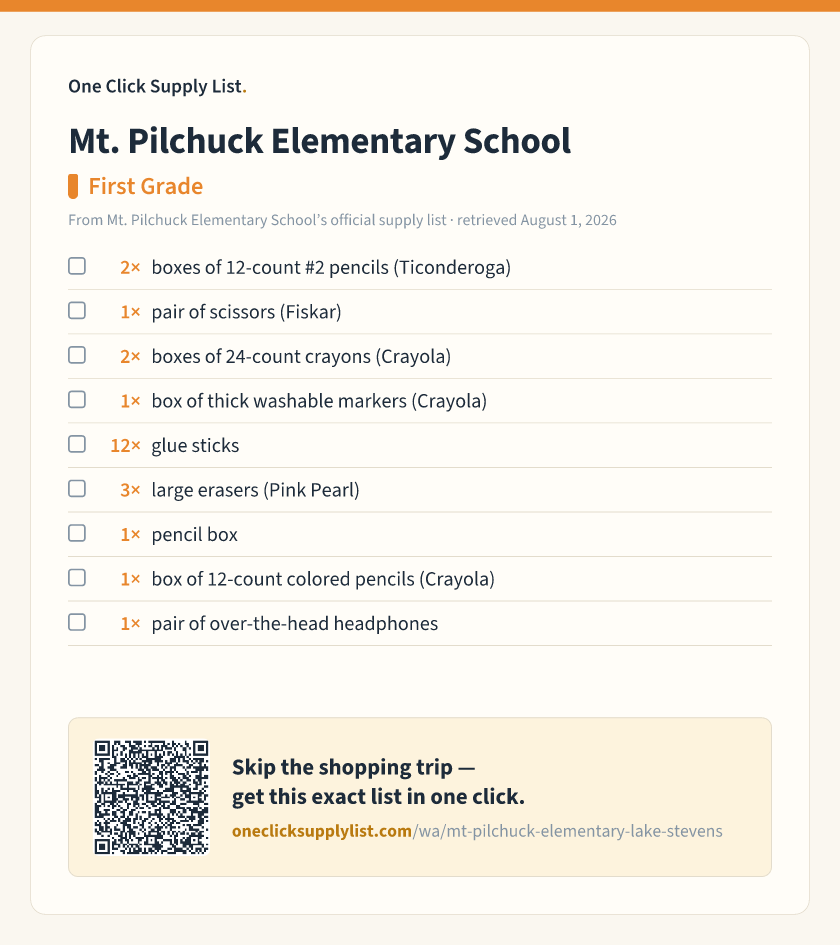 Mt. Pilchuck Elementary School First Grade supply list — printable image
