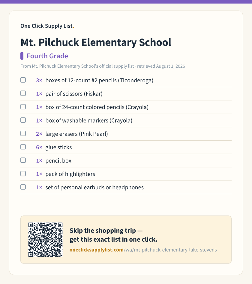 Mt. Pilchuck Elementary School Fourth Grade supply list — printable image