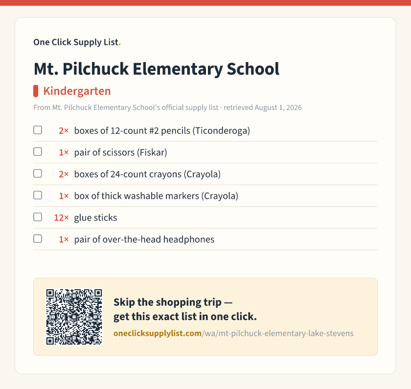 Mt. Pilchuck Elementary School Kindergarten supply list — printable image