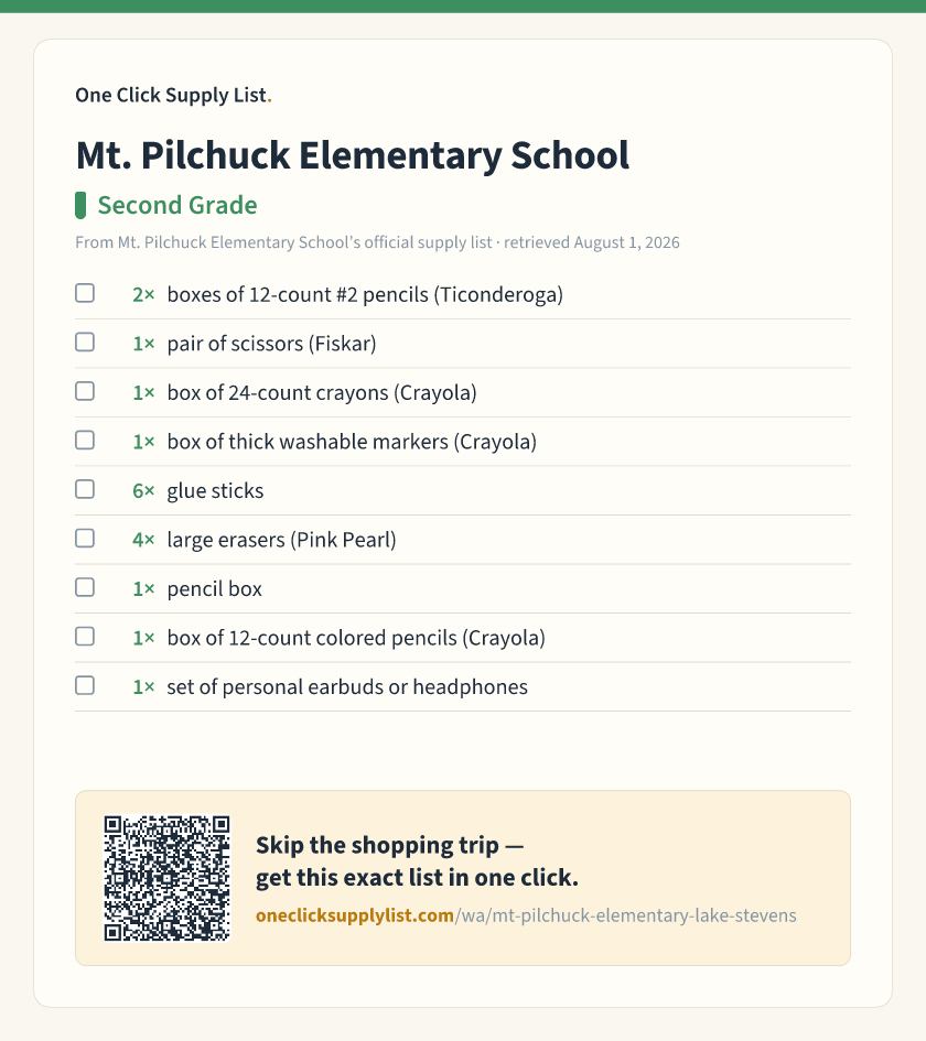 Mt. Pilchuck Elementary School Second Grade supply list — printable image