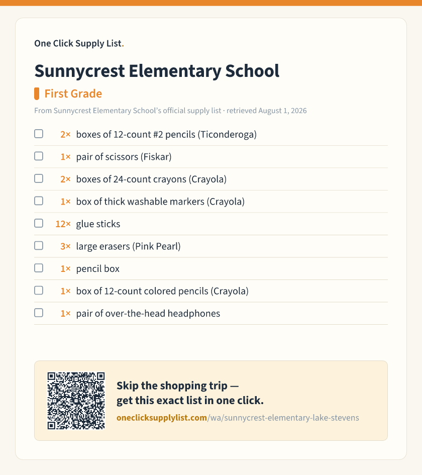 Sunnycrest Elementary School First Grade supply list — printable image