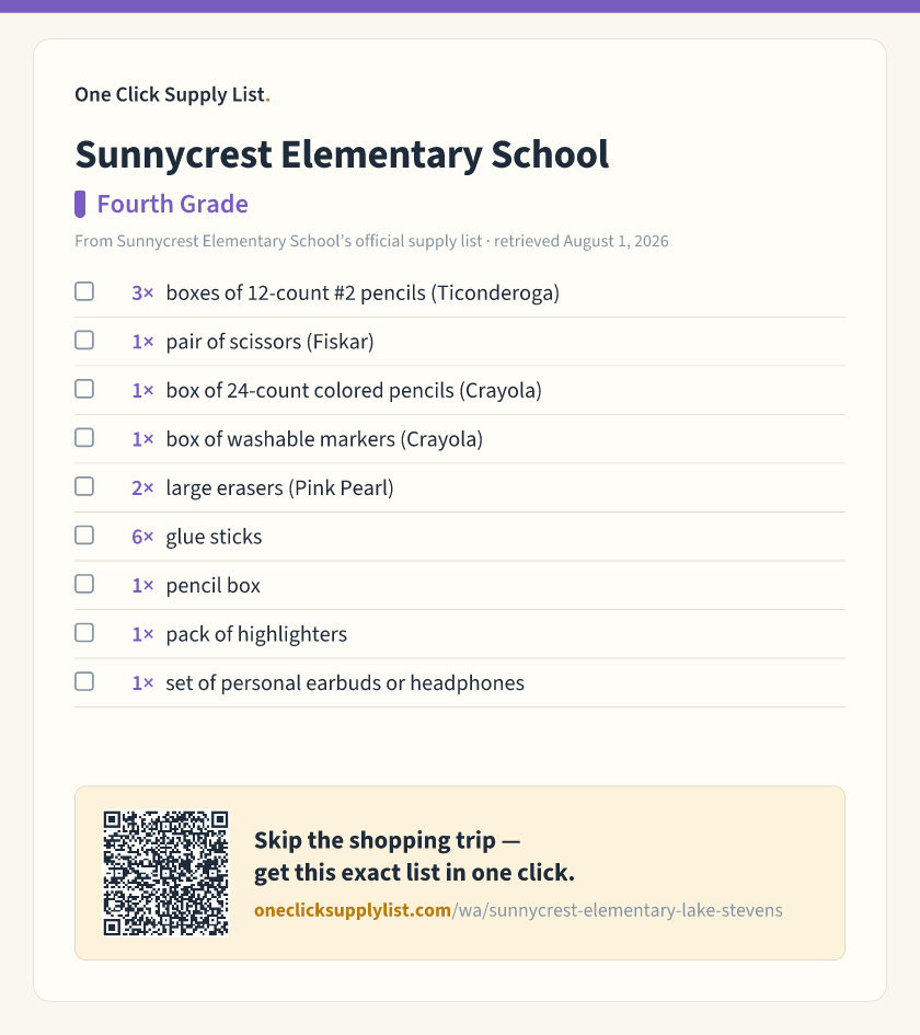 Sunnycrest Elementary School Fourth Grade supply list — printable image