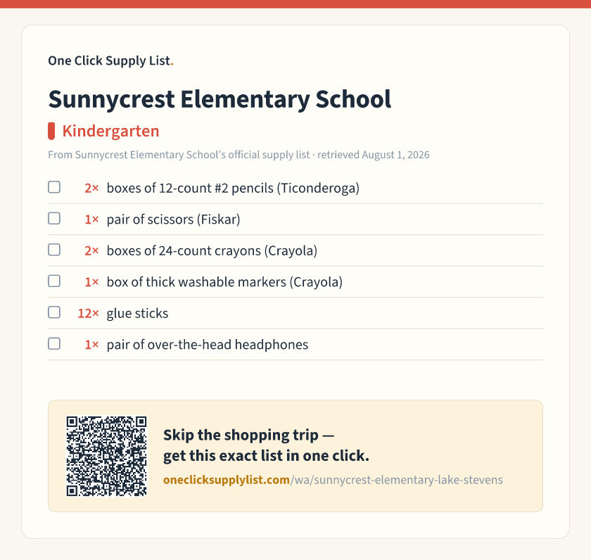 Sunnycrest Elementary School Kindergarten supply list — printable image