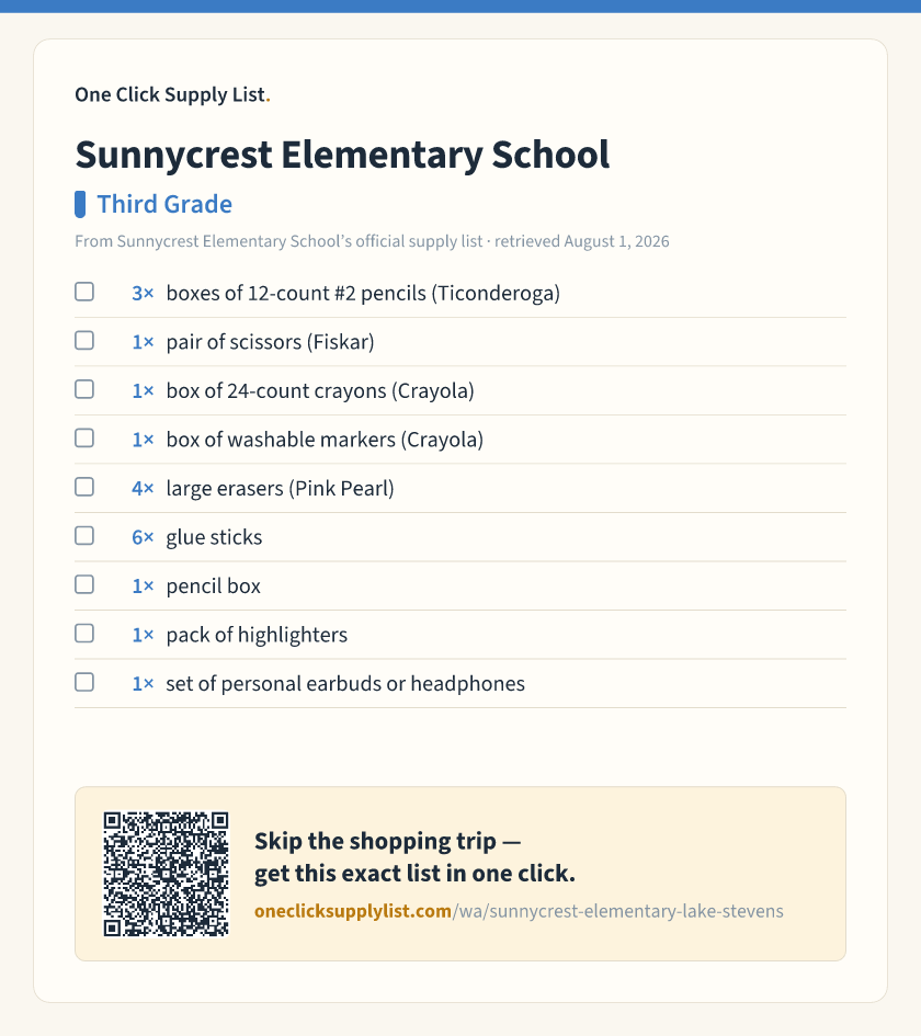 Sunnycrest Elementary School Third Grade supply list — printable image