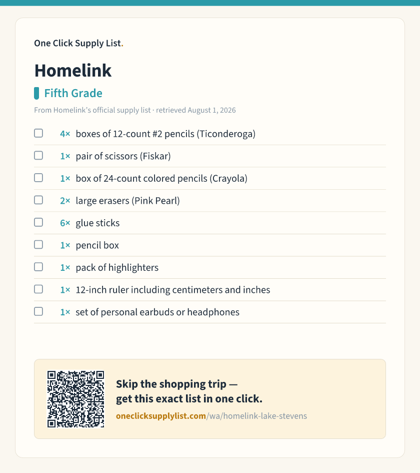 Homelink Fifth Grade supply list — printable image