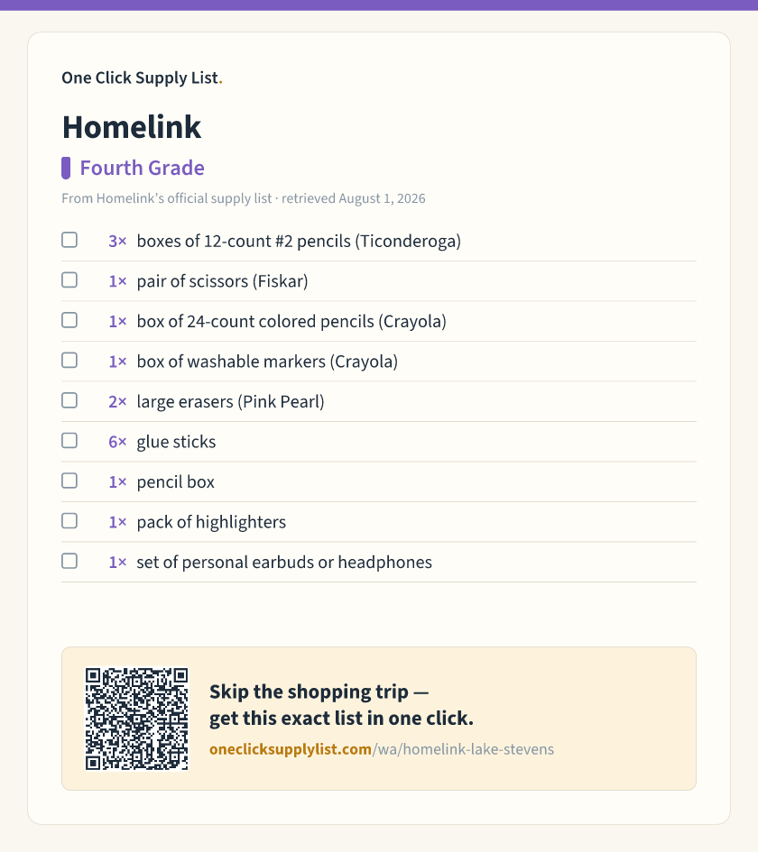 Homelink Fourth Grade supply list — printable image