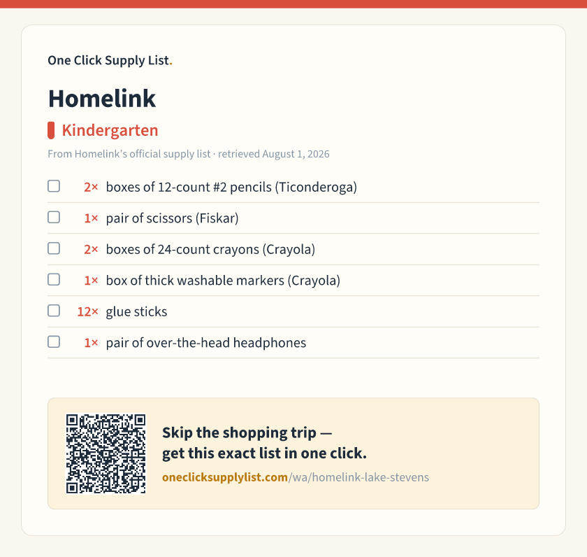 Homelink Kindergarten supply list — printable image