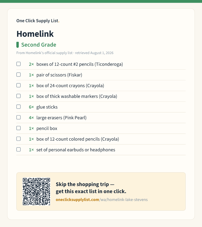 Homelink Second Grade supply list — printable image