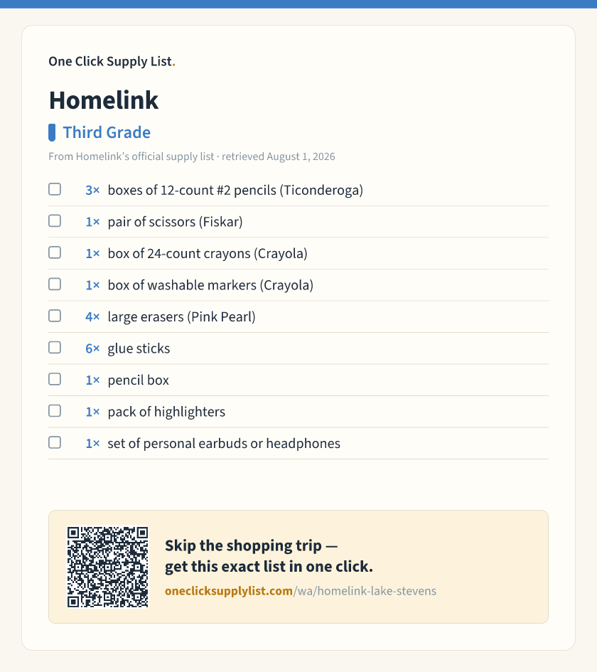 Homelink Third Grade supply list — printable image