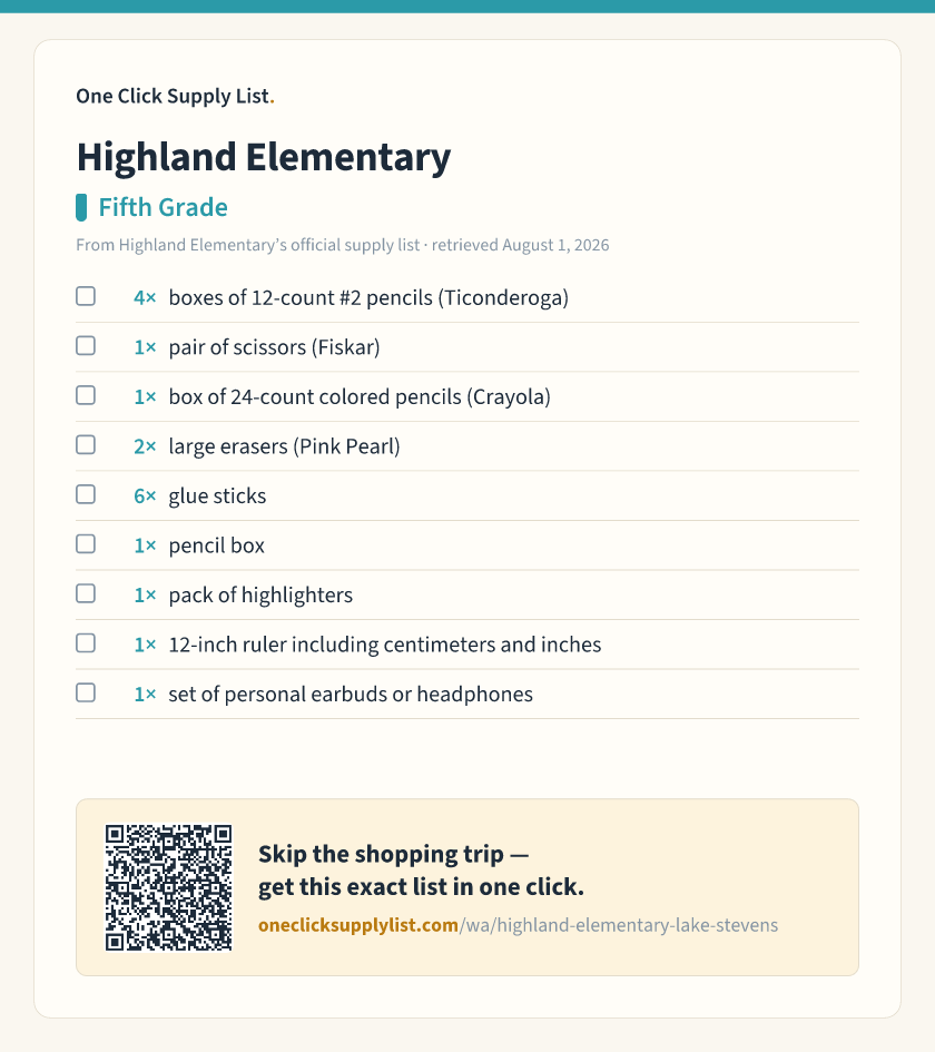 Highland Elementary Fifth Grade supply list — printable image