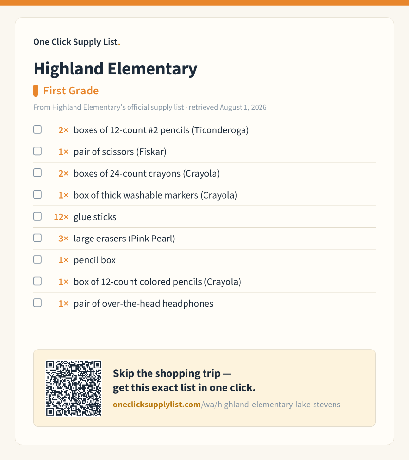 Highland Elementary First Grade supply list — printable image