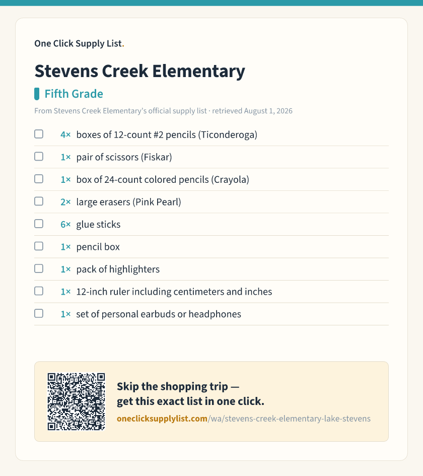 Stevens Creek Elementary Fifth Grade supply list — printable image