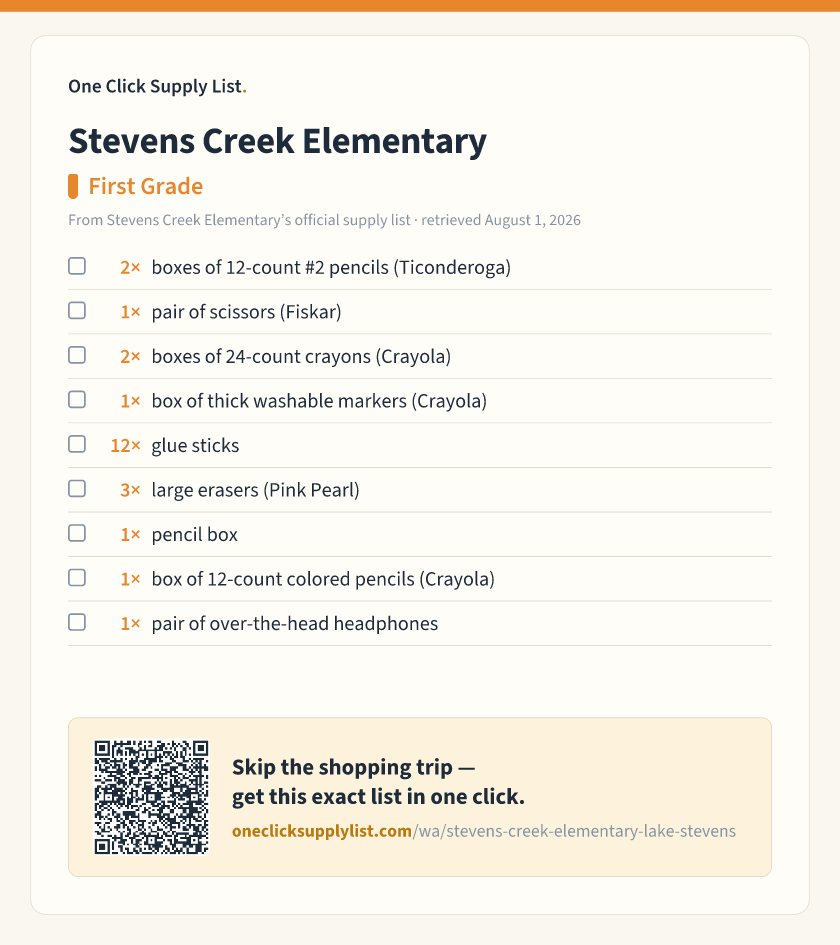 Stevens Creek Elementary First Grade supply list — printable image