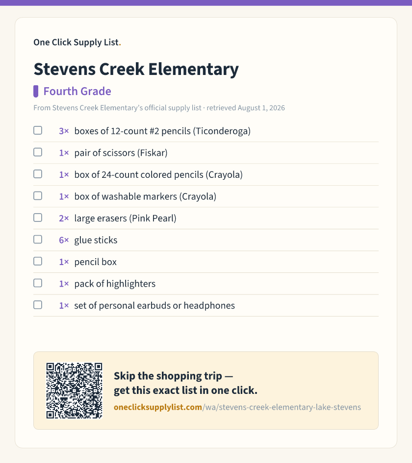 Stevens Creek Elementary Fourth Grade supply list — printable image