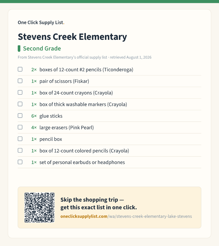Stevens Creek Elementary Second Grade supply list — printable image