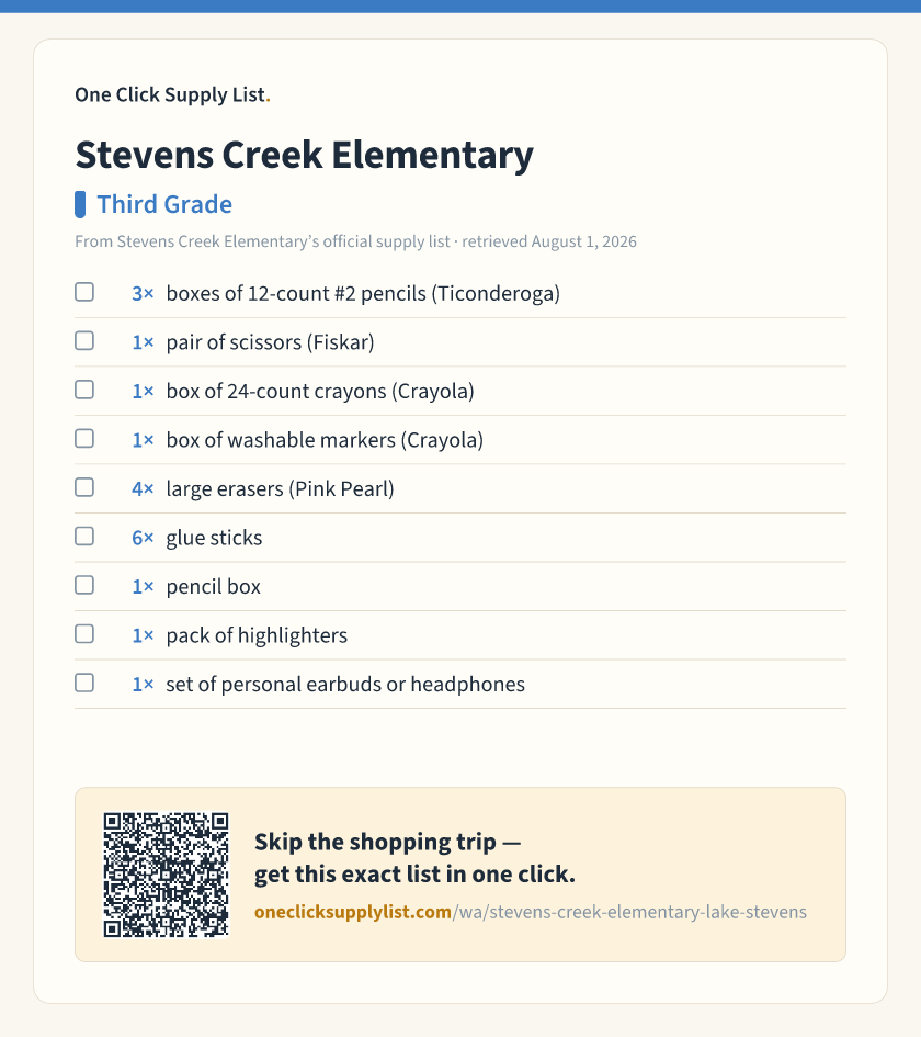 Stevens Creek Elementary Third Grade supply list — printable image