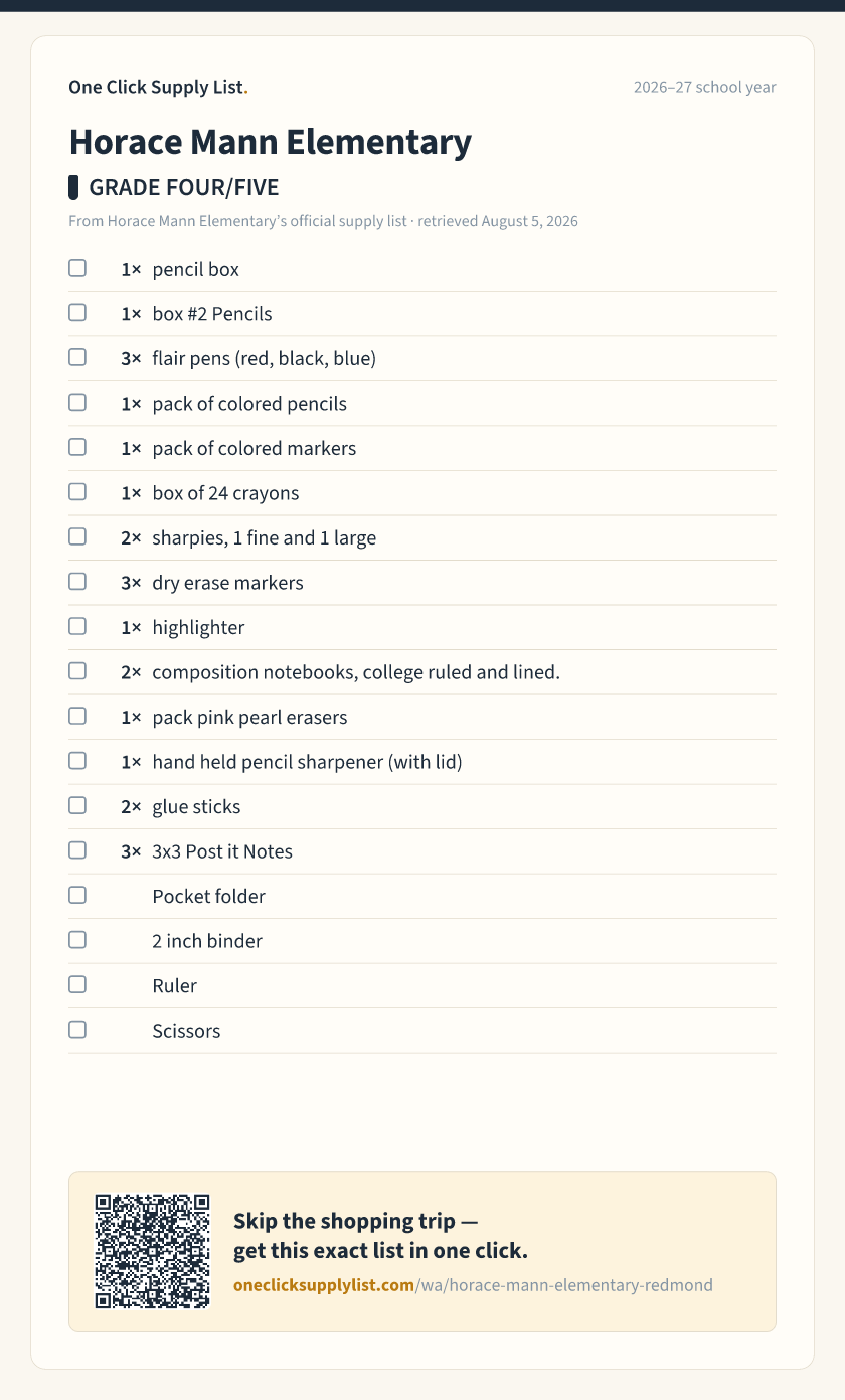 Horace Mann Elementary GRADE FOUR/FIVE supply list — printable image