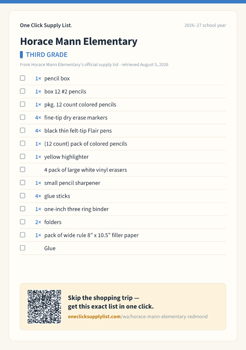 Horace Mann Elementary THIRD GRADE supply list — printable image