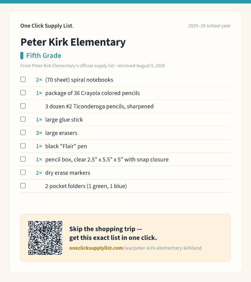 Peter Kirk Elementary Fifth Grade supply list — printable image