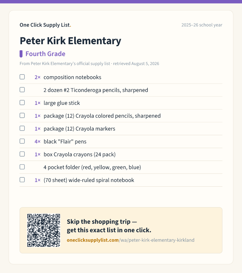 Peter Kirk Elementary Fourth Grade supply list — printable image