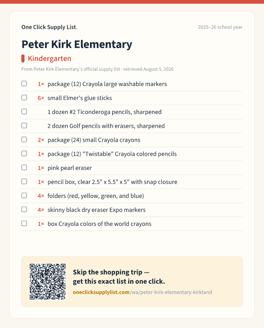 Peter Kirk Elementary Kindergarten supply list — printable image