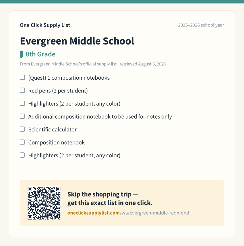 Evergreen Middle School 8th Grade supply list — printable image
