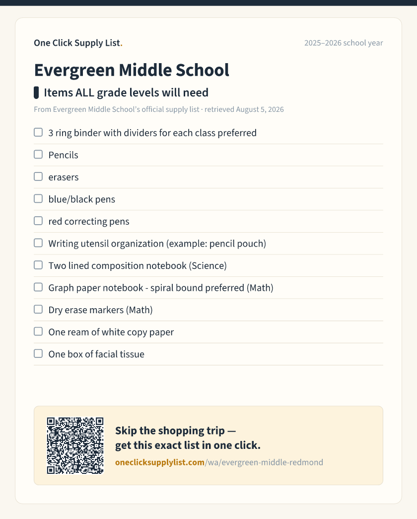 Evergreen Middle School Items ALL grade levels will need supply list — printable image