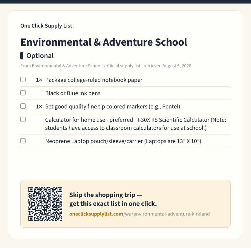 Environmental & Adventure School Optional supply list — printable image