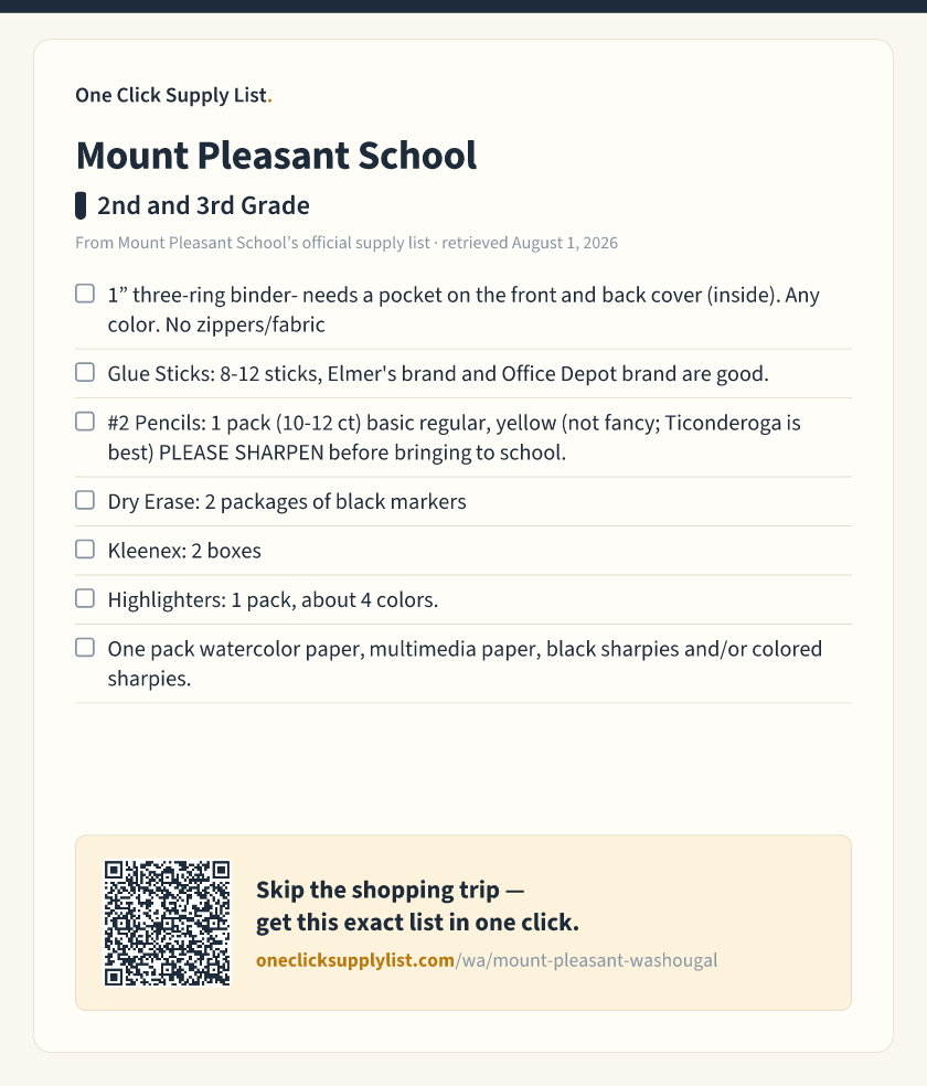 Mount Pleasant School 2nd and 3rd Grade supply list — printable image