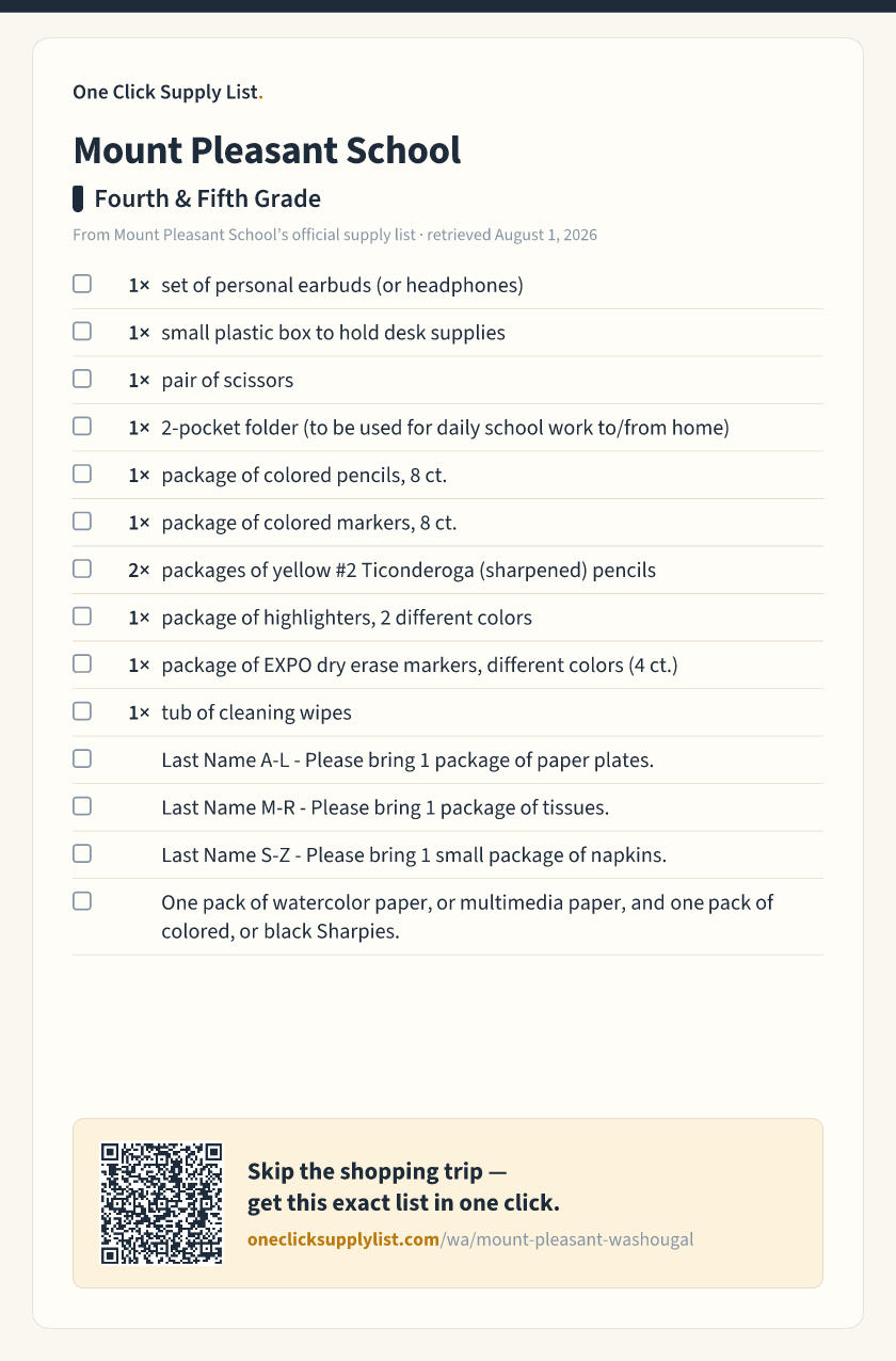 Mount Pleasant School Fourth & Fifth Grade supply list — printable image