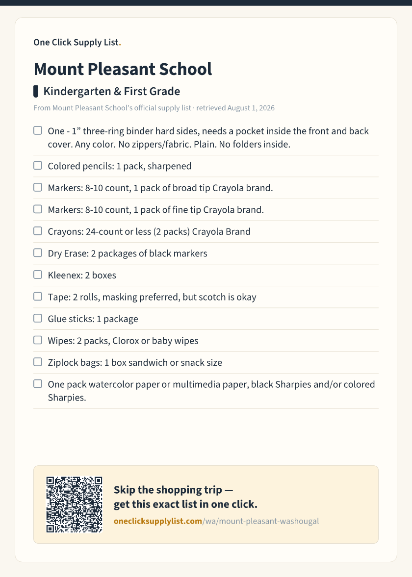 Mount Pleasant School Kindergarten & First Grade supply list — printable image
