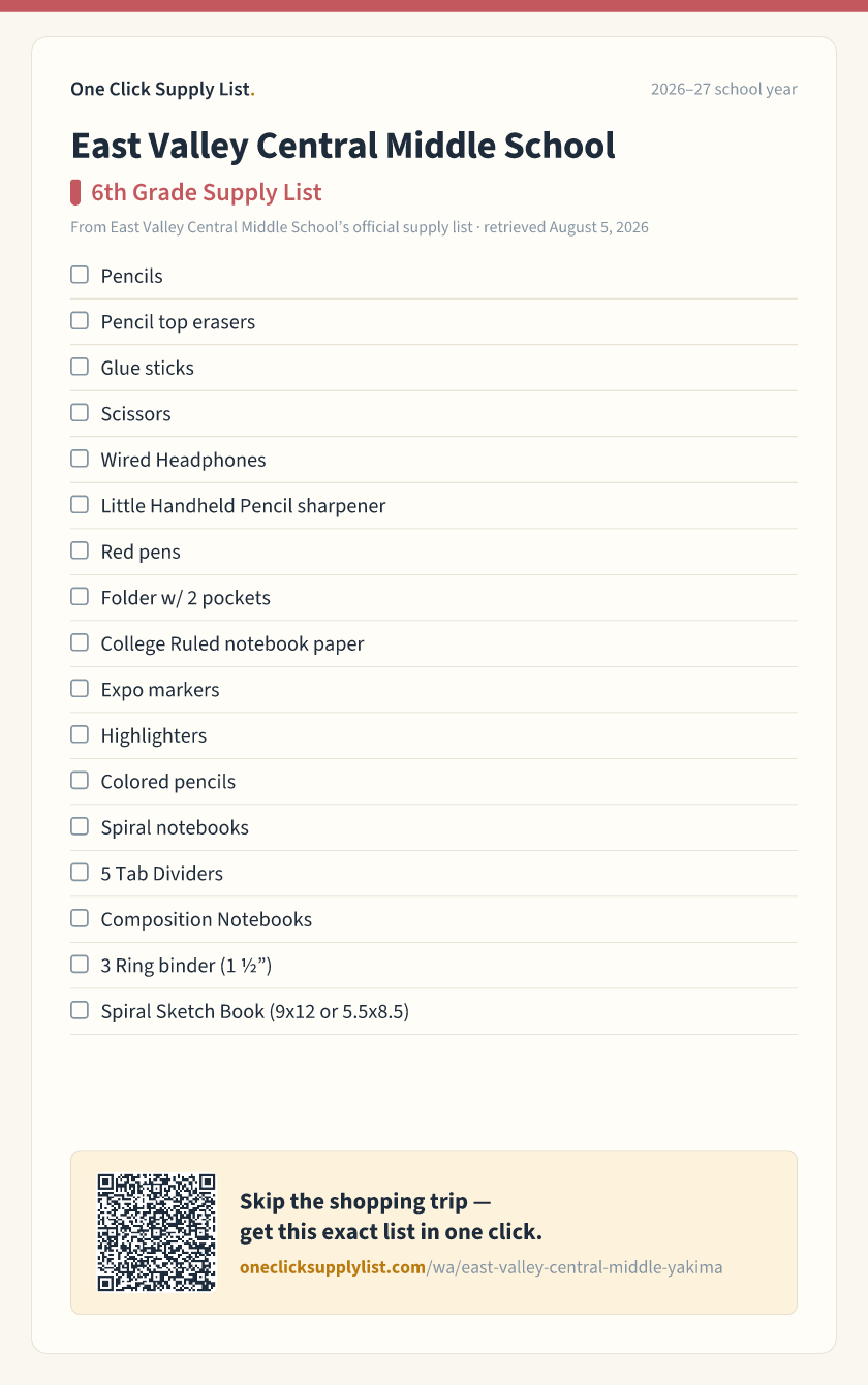 East Valley Central Middle School 6th Grade Supply List supply list — printable image