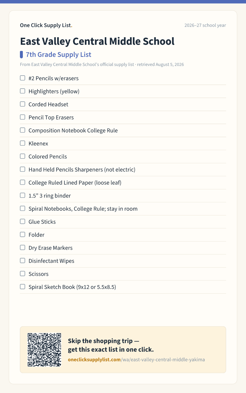 East Valley Central Middle School 7th Grade Supply List supply list — printable image