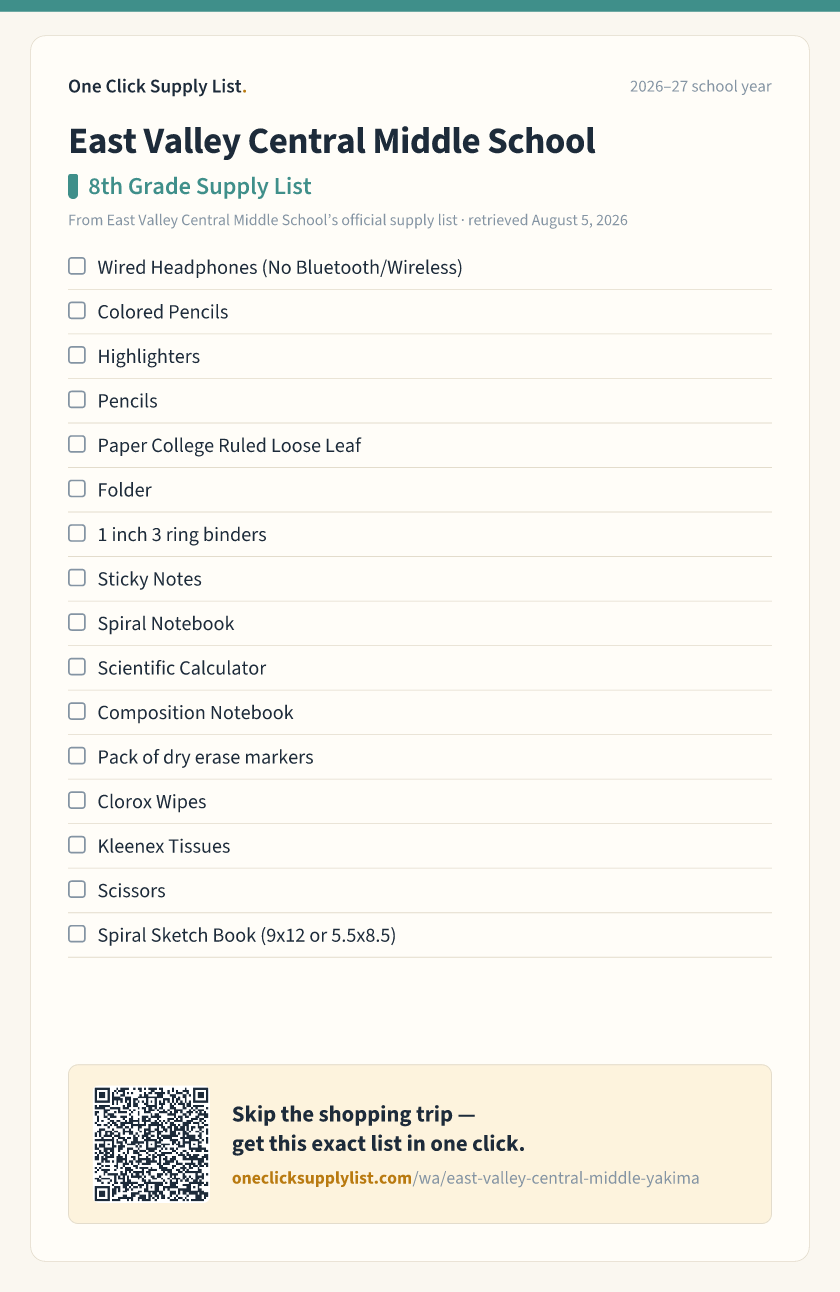 East Valley Central Middle School 8th Grade Supply List supply list — printable image