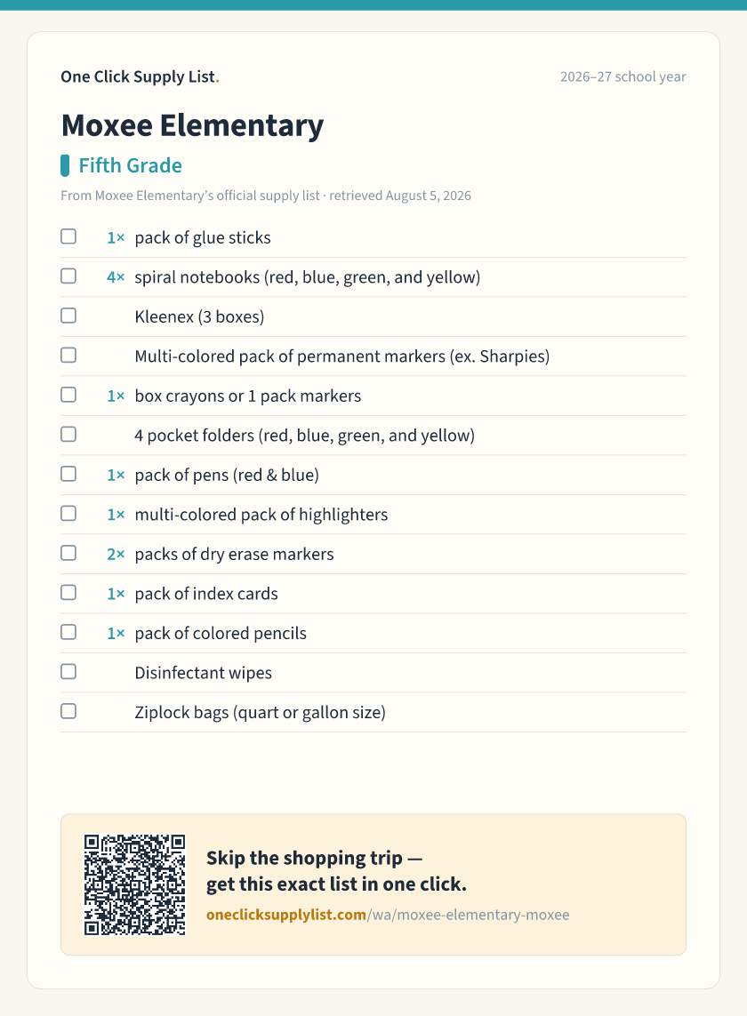 Moxee Elementary Fifth Grade supply list — printable image