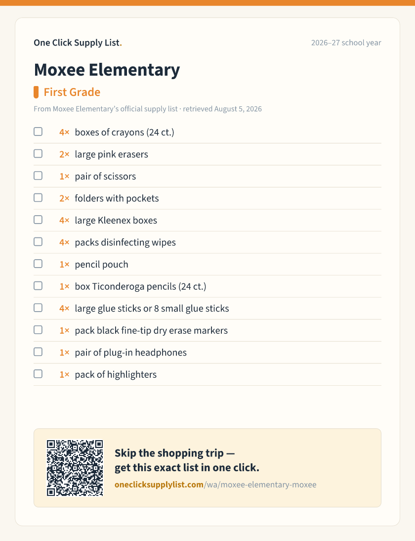 Moxee Elementary First Grade supply list — printable image