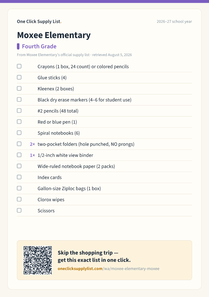 Moxee Elementary Fourth Grade supply list — printable image