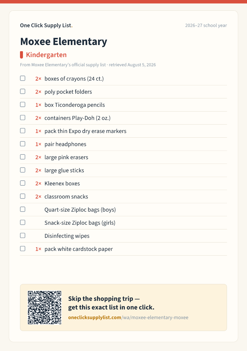 Moxee Elementary Kindergarten supply list — printable image